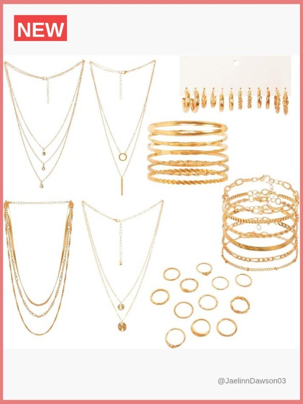 34pc Gold Jewelry Set Women Multi Layered Necklace Rings Bracelets Earrings
